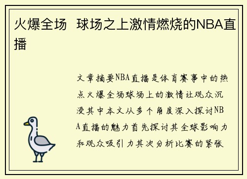 火爆全场  球场之上激情燃烧的NBA直播 